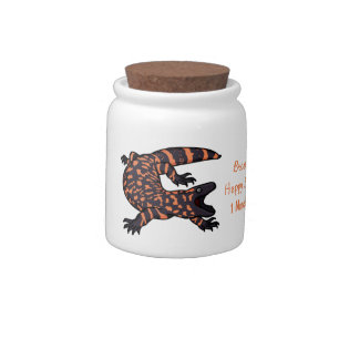 Hungry gila monster lizard cartoon illustration candy jar