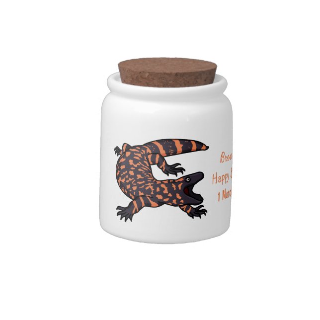 Hungry gila monster lizard cartoon illustration candy jar (Left)