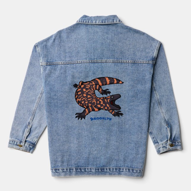 Hungry gila monster lizard cartoon illustration denim jacket (Back)