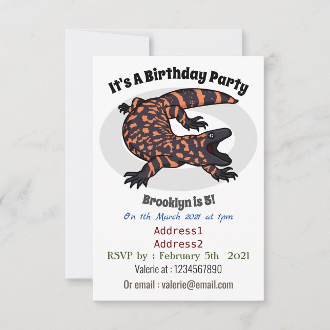 Hungry gila monster lizard cartoon illustration invitation (Front)