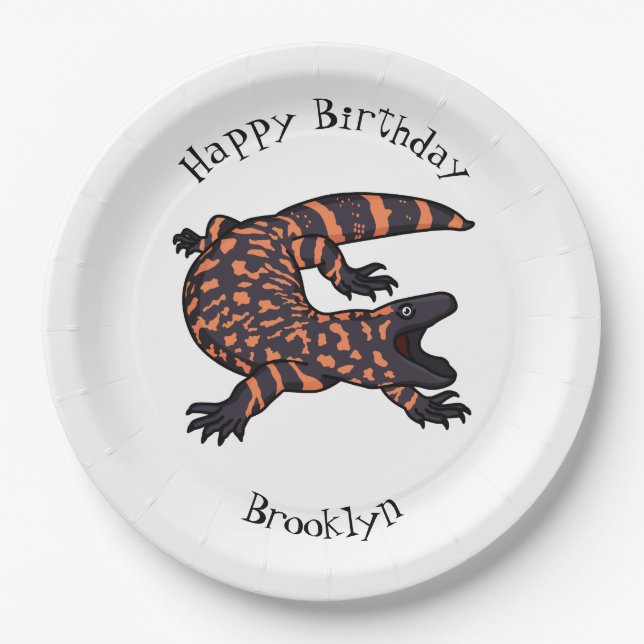 Hungry gila monster lizard cartoon illustration paper plates (Front)