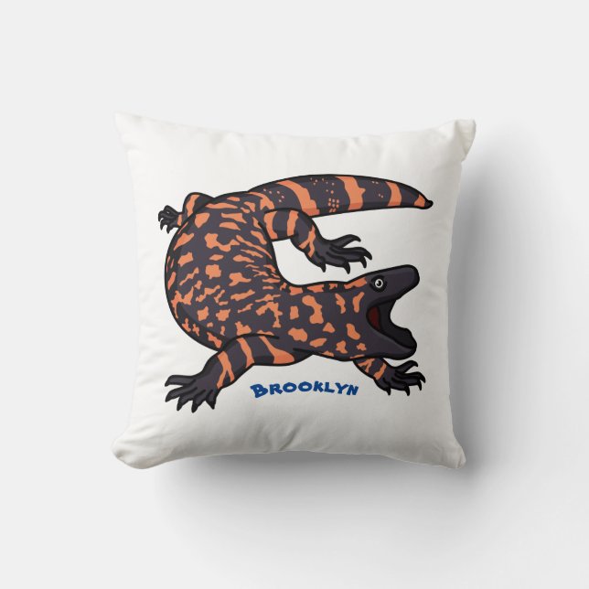 Hungry gila monster lizard cartoon illustration throw pillow (Front)