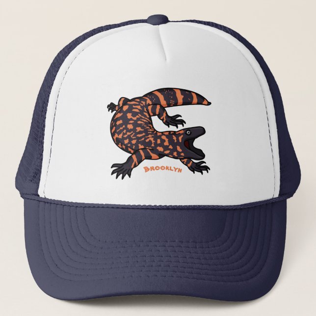 Hungry gila monster lizard cartoon illustration trucker hat (Front)