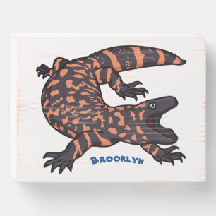 Hungry gila monster lizard cartoon illustration wooden box sign