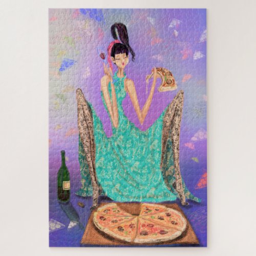 Hungry Girl Eating Pizza and Drinking Wine _ Funny Jigsaw Puzzle