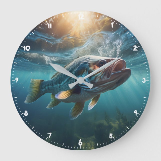Hungry Large Mouth Black Bass On The Hunt  Large Clock (Front)