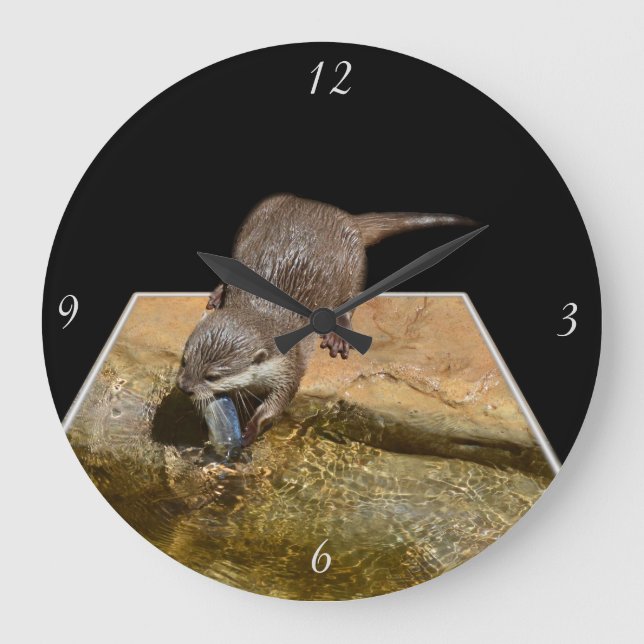 Hungry Otter Eating Fish, Large Round Wall Clock. Clock (Front)