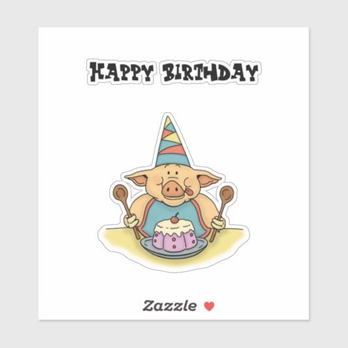  Hungry piggy with cake funny birthday cartoon  Sticker