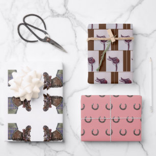 hunt club horse, tack, horse shoe wrapping paper sheets
