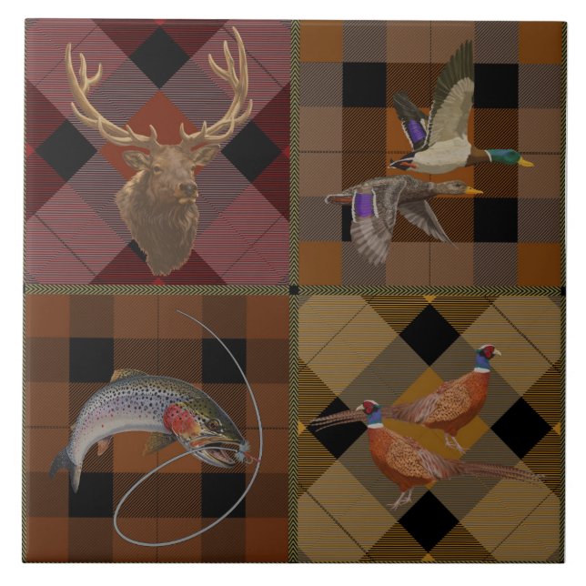 Hunt Club Plaid With Wildlife Game  Ceramic Tile (Front)