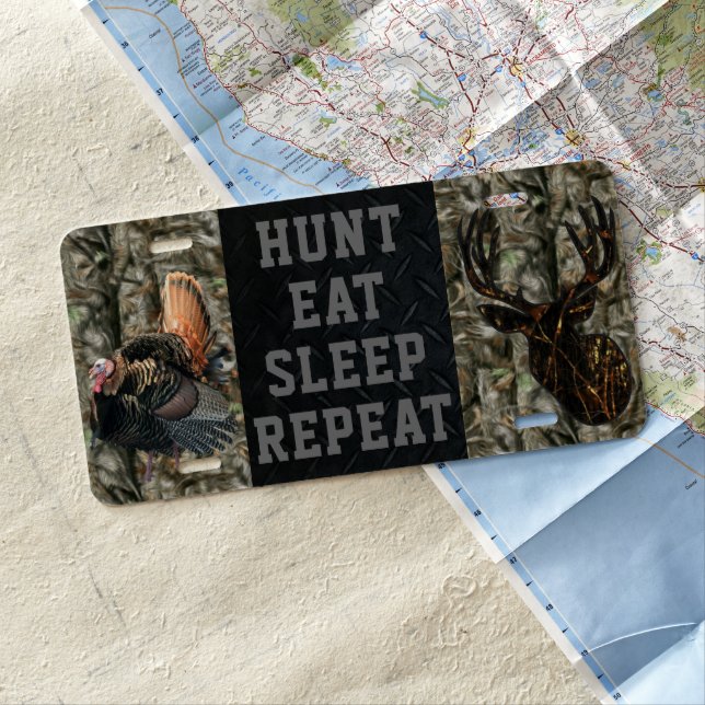 Hunt Eat Sleep Repeat Deer Camo Turkey License Plate (In Situ)