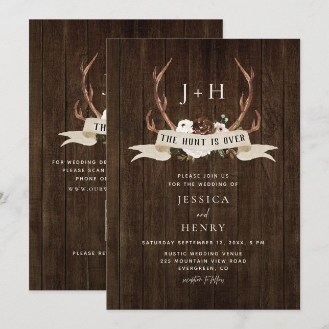 Hunt is Over Antlers Rustic Wood QR Code Wedding  Invitation (Front/Back)