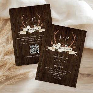 Hunt is Over Antlers Rustic Wood QR Code Wedding Invitation