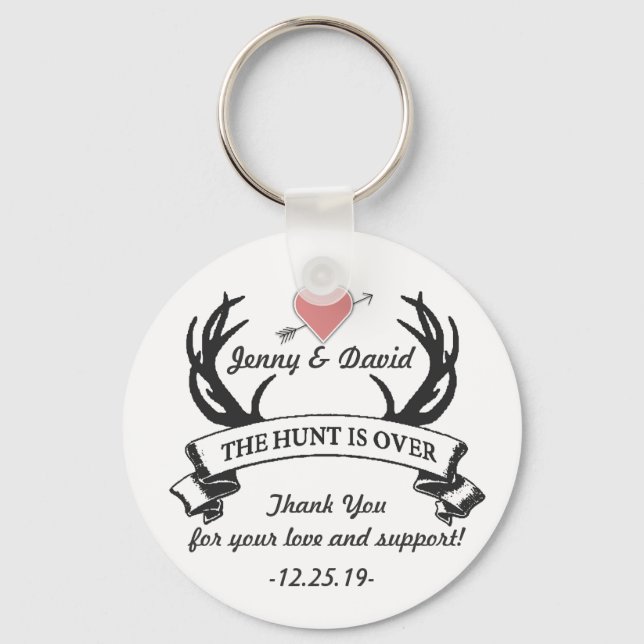 "Hunt is Over" Personalized Key Ring Wedding Favor (Front)