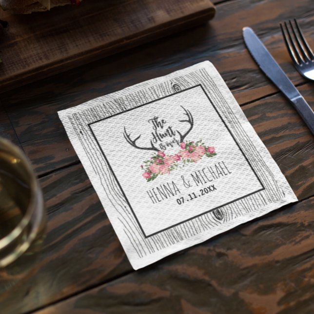 Hunt is Over Rustic Antler Barnwood Floral Wedding Napkins (Creator Uploaded)