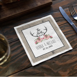 Hunt is Over Rustic Antler Barnwood Floral Wedding Napkins