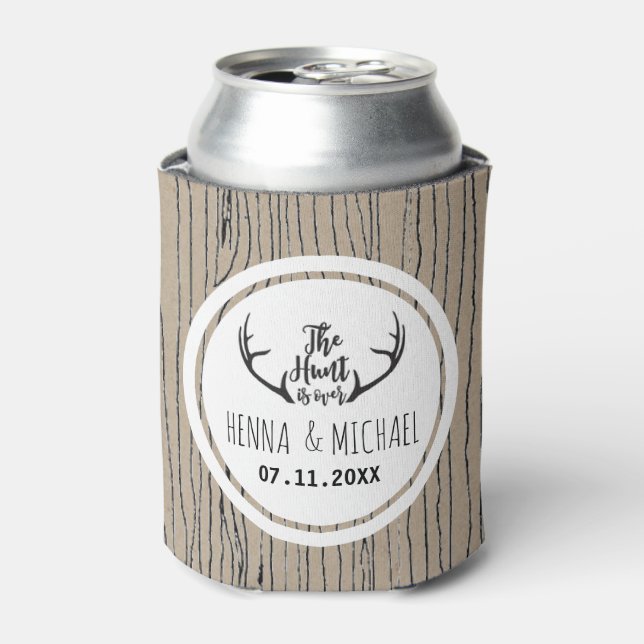 "Hunt is Over" Rustic Antler Barnwood Wedding Can Cooler (Can Front)