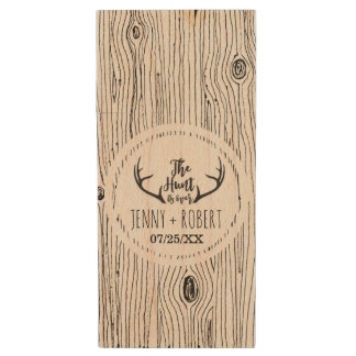 Hunt is Over Rustic Antler Barnwood Wedding Custom Wood USB Flash Drive