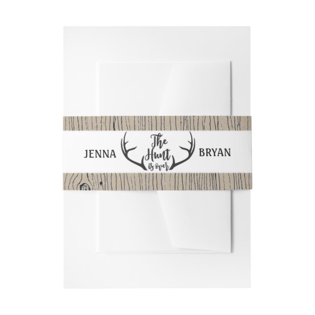 "Hunt is Over" Rustic Antler Barnwood Wedding Invitation Belly Band (Front Example)