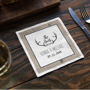 "Hunt is Over" Rustic Antler Barnwood Wedding Paper Napkins