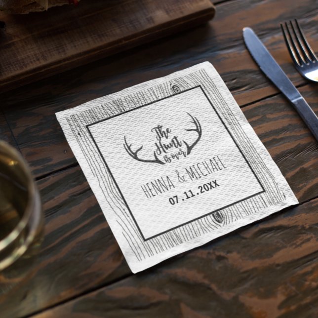 "Hunt is Over" Rustic Antler Barnwood Wedding Paper Napkins (Creator Uploaded)