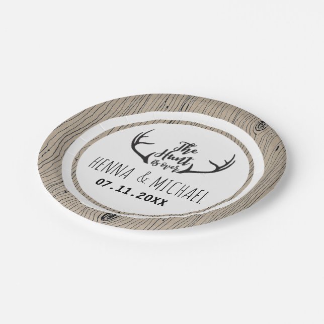 "Hunt is Over" Rustic Antler Barnwood Wedding Paper Plates (Angled)