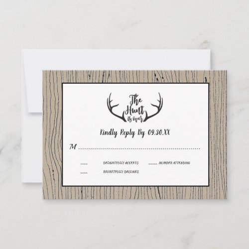 Hunt is Over Rustic Antler Barnwood Wedding RSVP Invitation