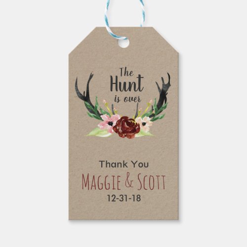 Hunt is Over Rustic Antler Burgundy Floral Wedding Gift Tags