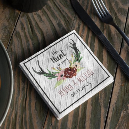 Hunt is Over Rustic Antler Burgundy Floral Wedding Napkins