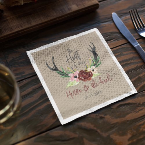 Hunt is Over Rustic Antler Burgundy Floral Wedding Napkins