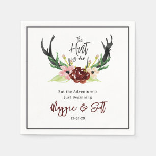 Hunt is Over Rustic Antler Burgundy Floral Wedding Napkins