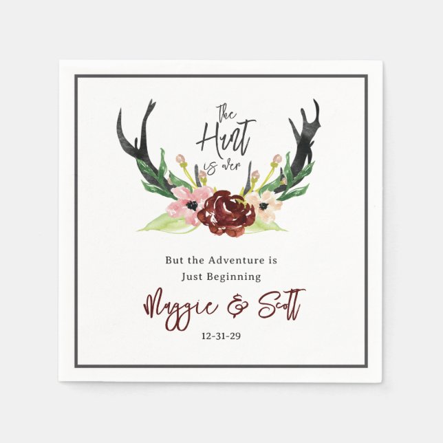 Hunt is Over Rustic Antler Burgundy Floral Wedding Napkins (Front)