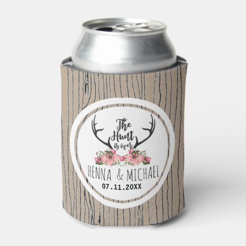 Hunt is Over Rustic Antler Floral Barnwood Wedding Can Cooler