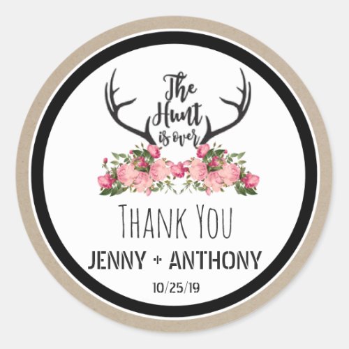 Hunt is Over Rustic Antler Floral Thank You Classic Round Sticker