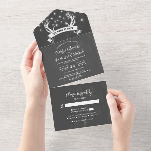 Hunt is Over Rustic Antler Strings Light Wedding All In One Invitation