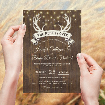 "hunt Is Over" Rustic Antler Strings Light Wedding Invitation by riverme at Zazzle