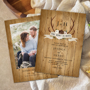 Hunt is Over Rustic Antlers Wedding Photo Invitation