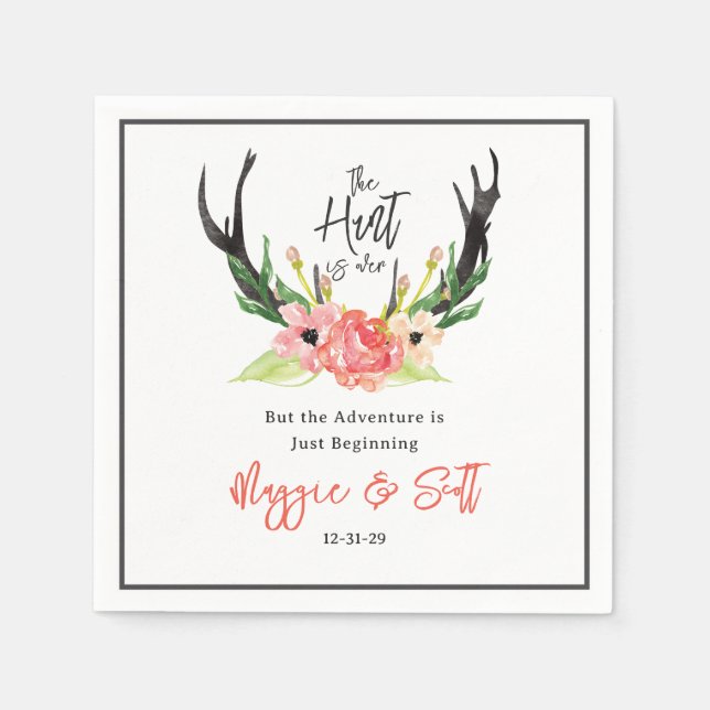 Hunt is Over Rustic Boho Antler Floral Wedding Napkins (Front)