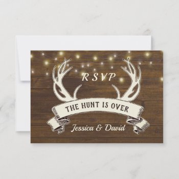 Hunt Is Over Rustic String Lights Wedding Rsvp Card by riverme at Zazzle