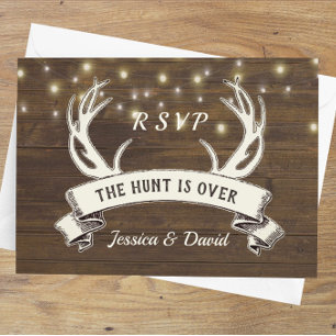 Hunt is Over Rustic String Lights Wedding RSVP Card