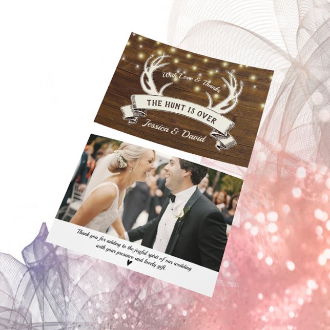 Hunt is Over Rustic Wood Antler Wedding Photo Thank You Card (Creator Uploaded)