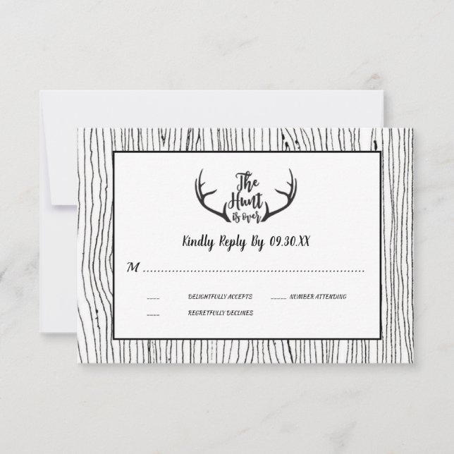 "Hunt is Over" Rustic Wood Antler Wedding RSVP Invitation (Front)