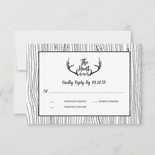 Hunt is Over Rustic Wood Antler Wedding RSVP Invitation