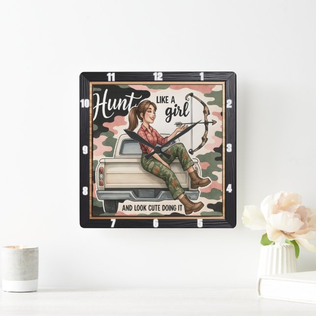 Hunt Like A Girl Bow Square Wall Clock (Home)