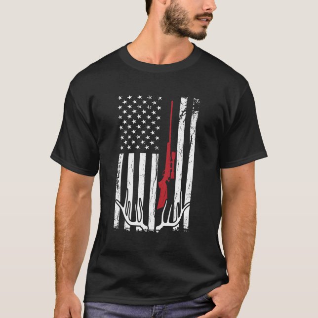 Hunter American Flag Usa Hunting Deer T-Shirt (Front)