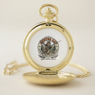 Hunter Cat Hunting Outdoorsman Cat Vintage Vector Pocket Watch