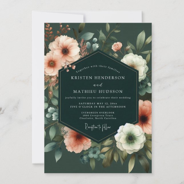 Hunter Coral Painterly Wedding Invitation (Front)