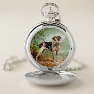 Hunter dog with bird in mouth pocket watch