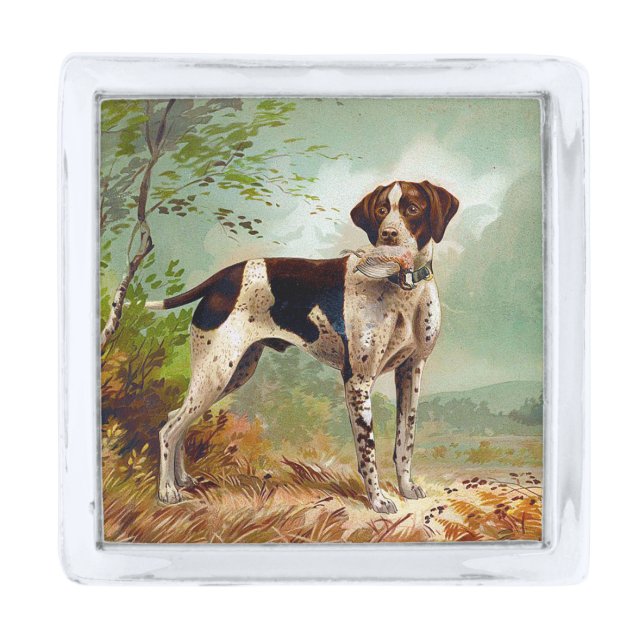 Hunter dog with bird in mouth silver finish lapel pin (Front)