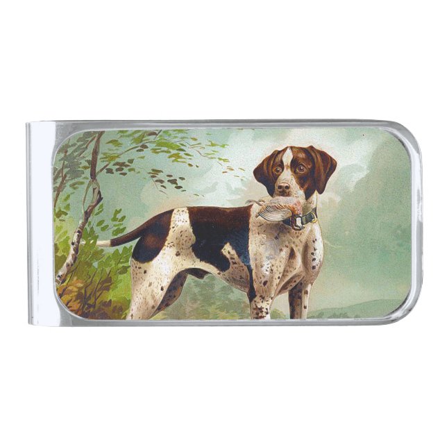 Hunter dog with bird in mouth silver finish money clip (Front)